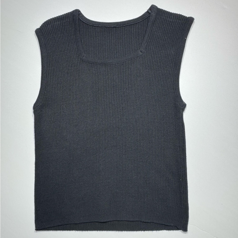 Vintage Y2K Black Ribbed Tank Top Sleeveless Minimal 90s Square Neckline